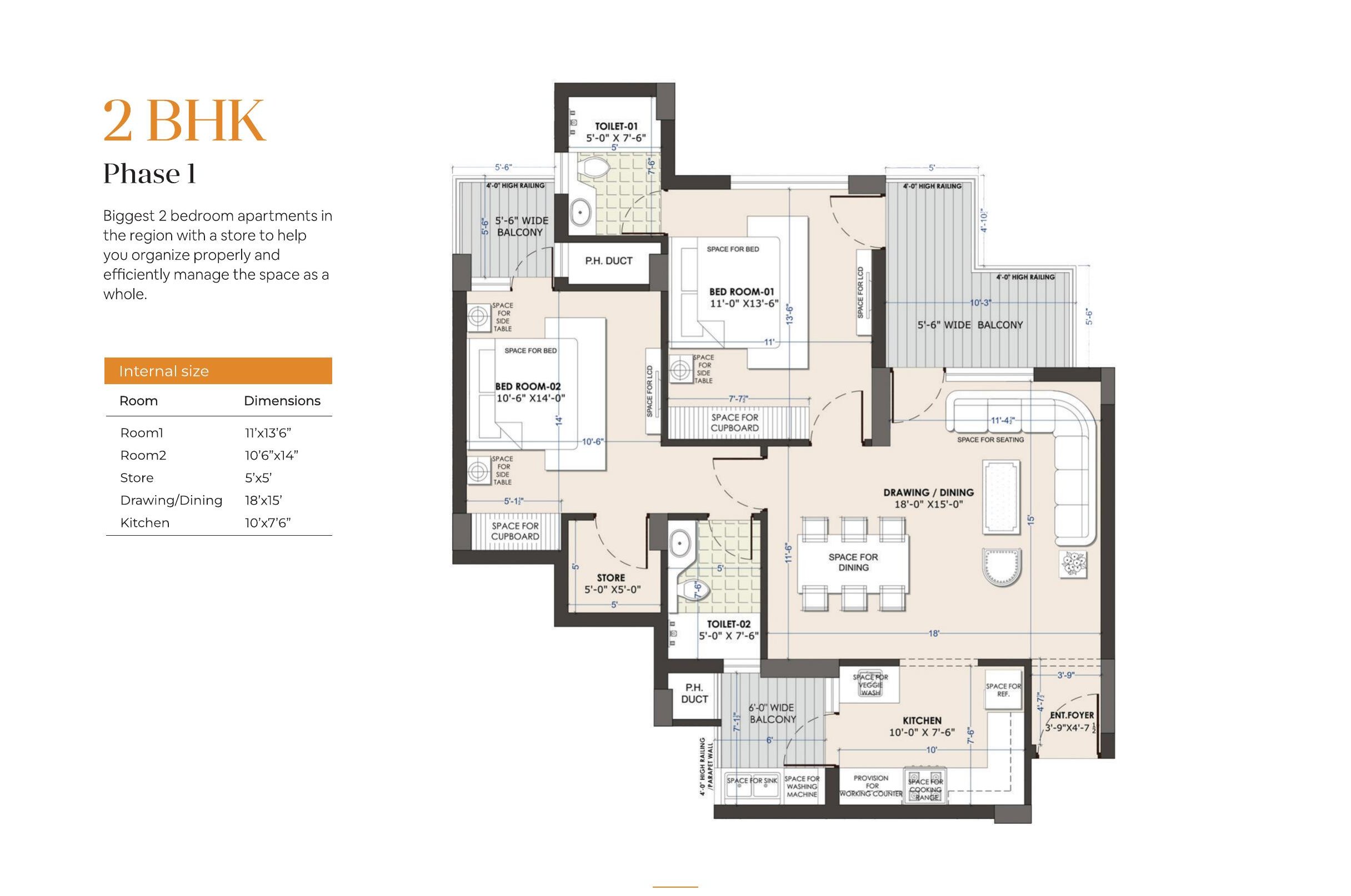 2 BHK floor plan, Phase 1, Escon Primera Zirakpur — 1,305 sq.ft. with 2 bedrooms, store room, drawing/dining, and kitchen