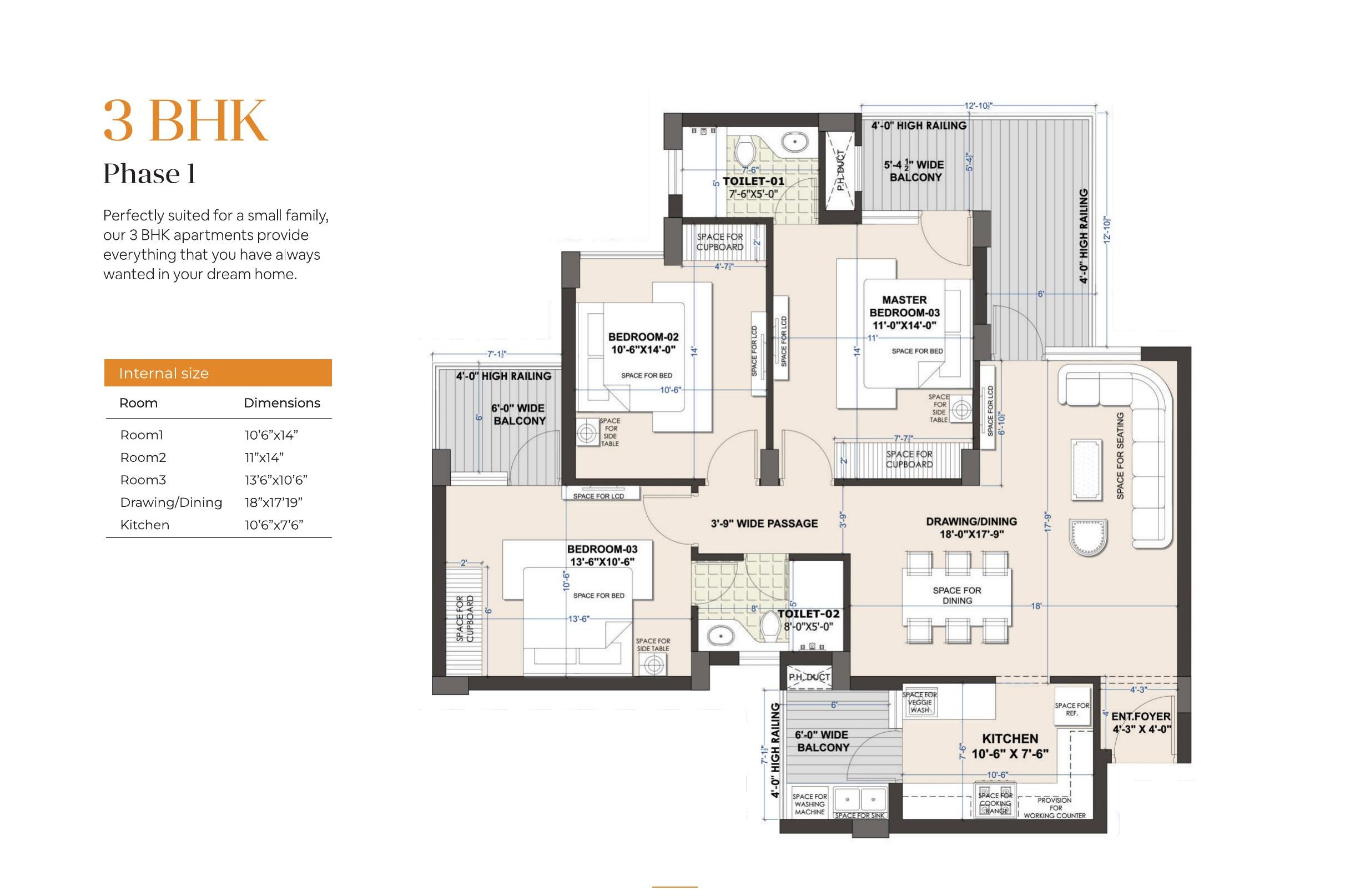 3 BHK floor plan, Phase 1, Escon Primera Zirakpur — 1,550 sq.ft. with 3 bedrooms, drawing/dining, and kitchen