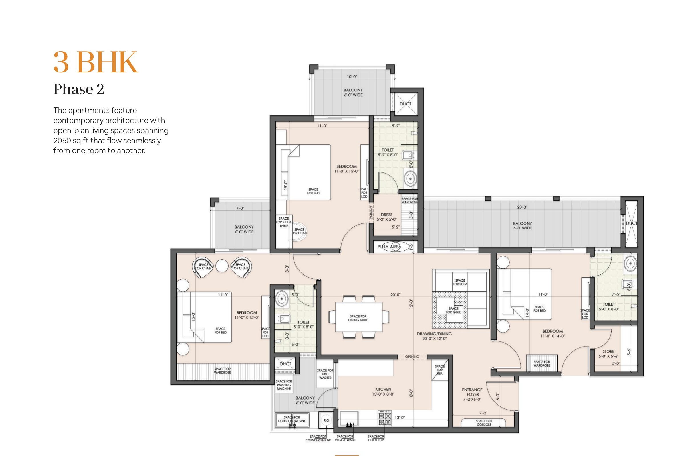 3 BHK floor plan, Phase 2, Escon Primera Zirakpur — 2,050 sq.ft. with 3 bedrooms, puja area, drawing/dining, and kitchen