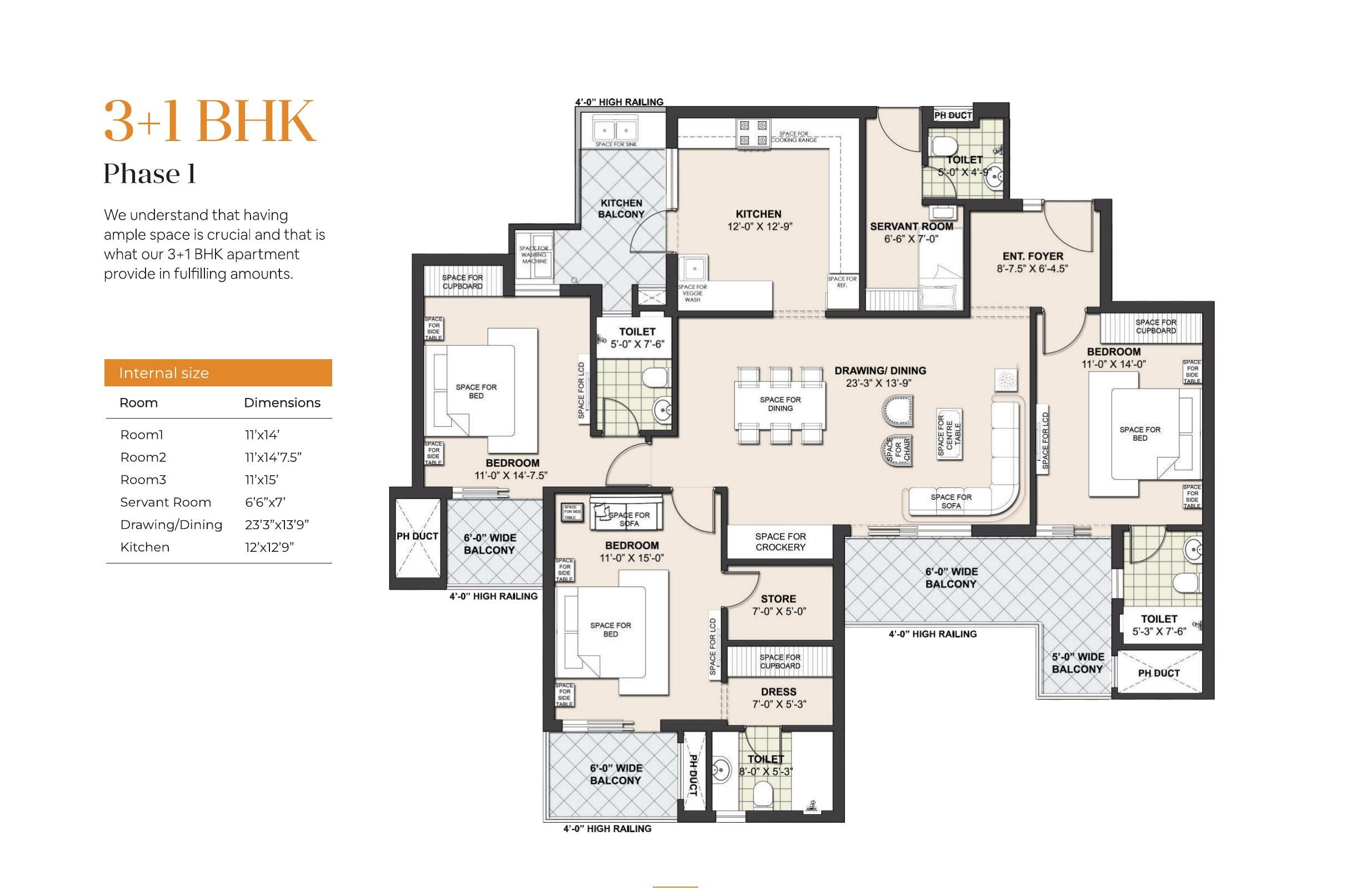 3+1 BHK floor plan, Phase 1, Escon Primera Zirakpur — 2,250 sq.ft. with 3 bedrooms, servant room, store/dress room, drawing/dining, and kitchen